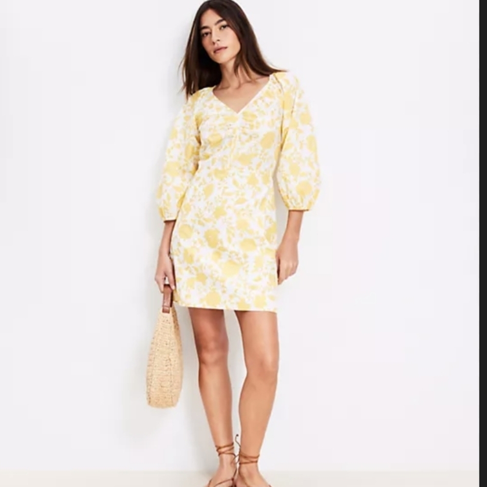 LOFT Yellow Floral Poplin Mini Dress Shirred Cotton Cottagecore Women’s 8 Summer - Picture 2 of 9